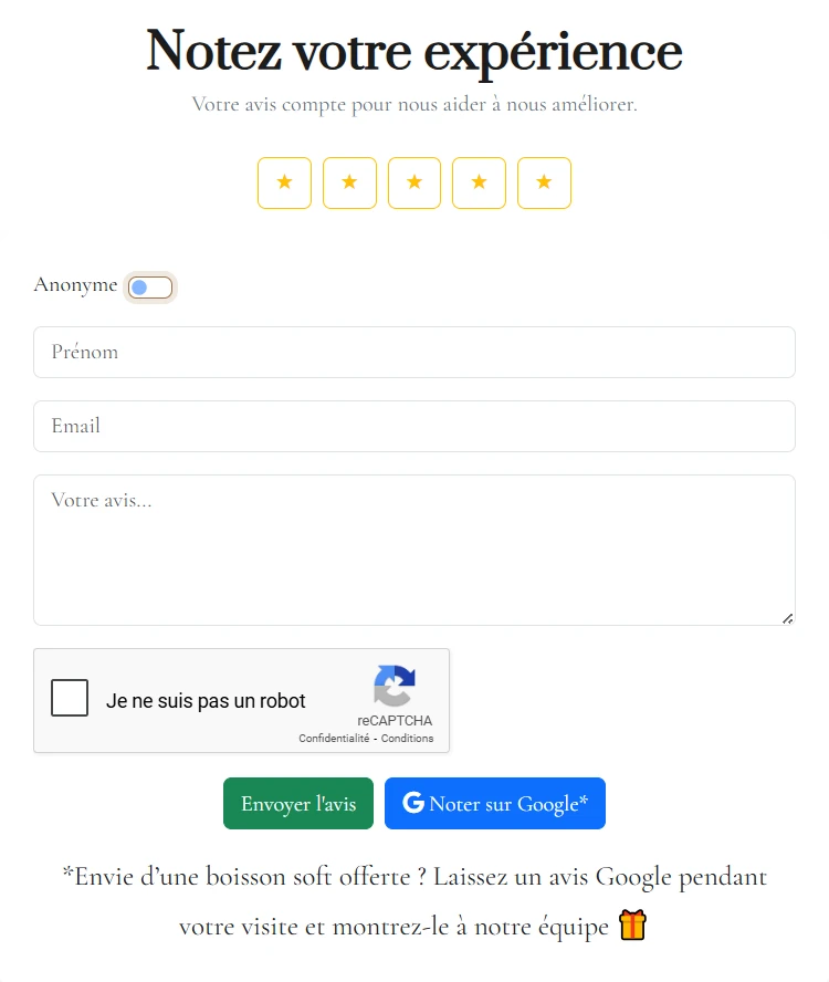 Interface de notation client intégrée au site